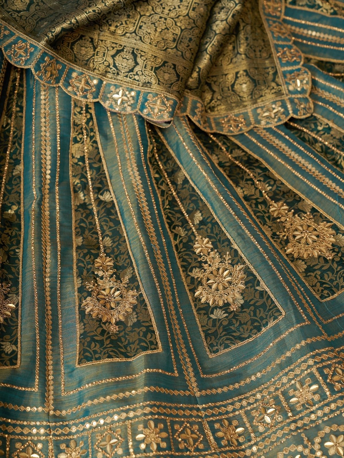 Odette Green Tissue Embroidered Semi-Stitched Lehenga For Women - Image 6