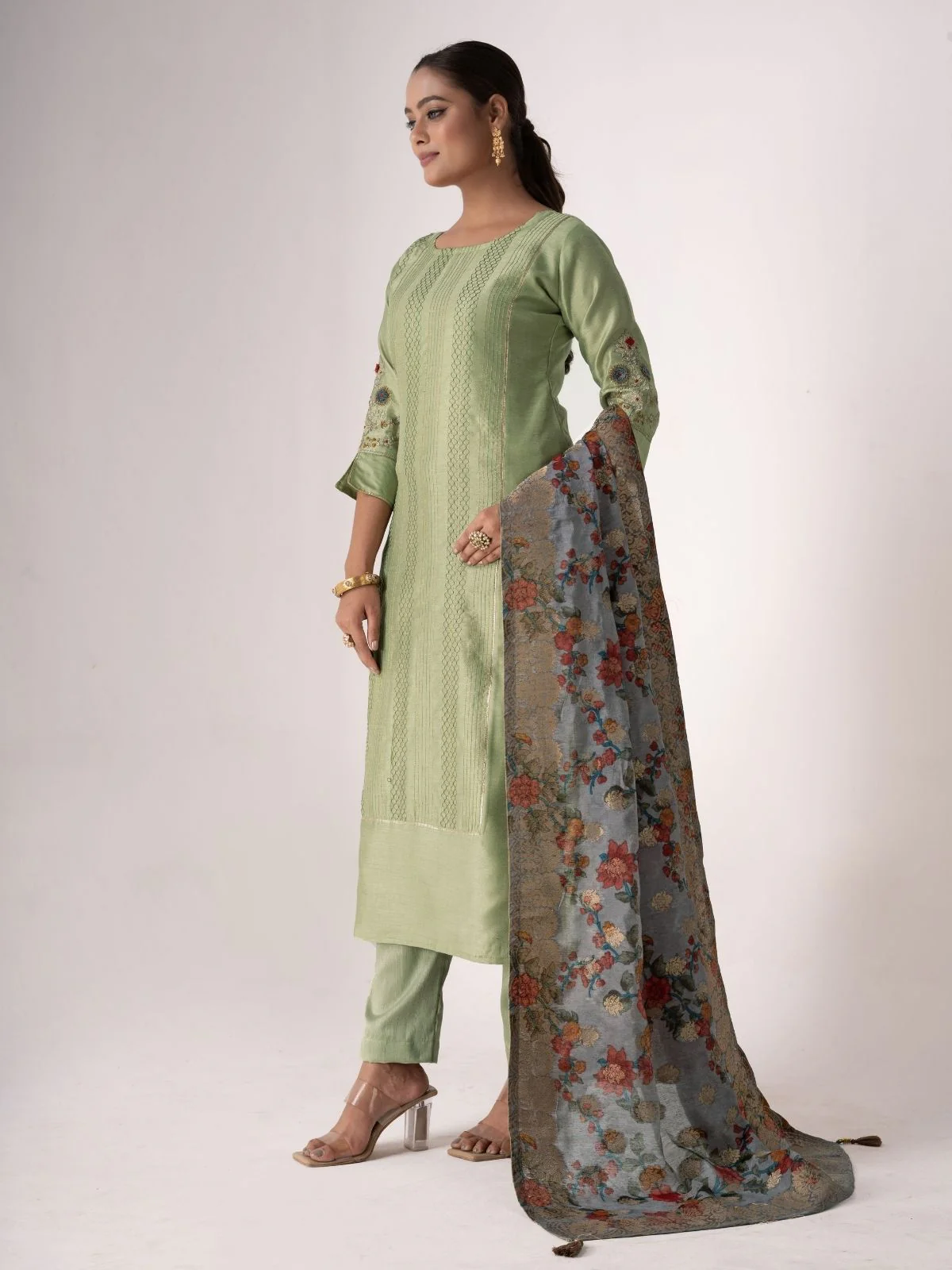 Odette Green Tusser Silk Designer Embroidered Semi-Stitched Kurta Set For Women - Image 2