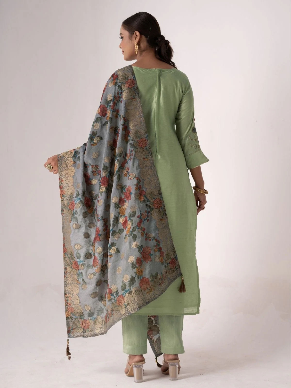Odette Green Tusser Silk Designer Embroidered Semi-Stitched Kurta Set For Women - Image 5