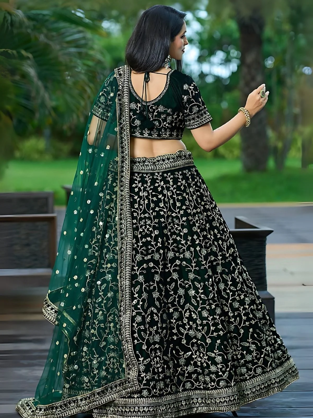 Odette Green Velvet Embroidered Semi-Stitched Lehenga For Women - Image 2