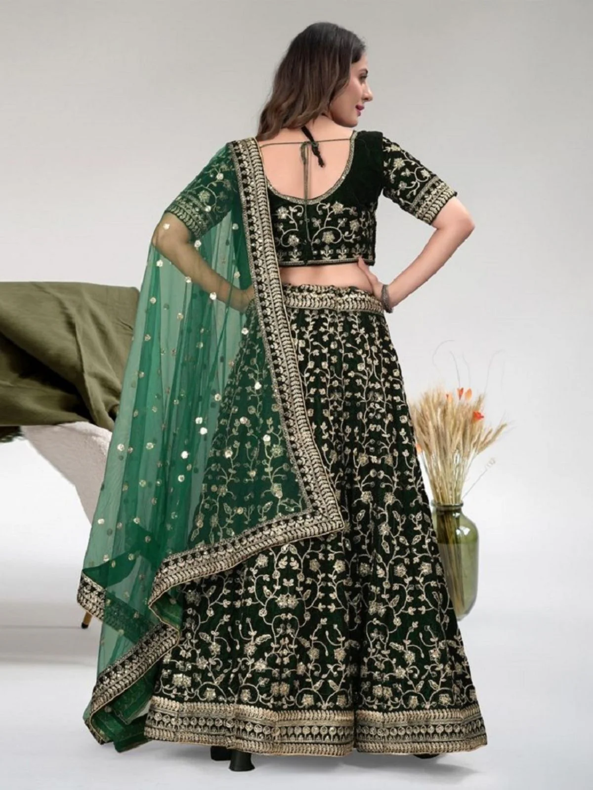 Odette Green Velvet Embroidered Semi-Stitched Lehenga For Women - Image 2