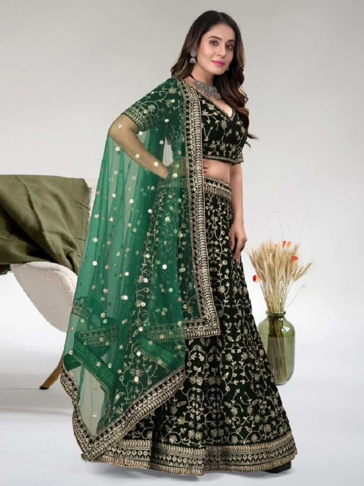 Odette Green Velvet Embroidered Semi-Stitched Lehenga For Women - Image 3