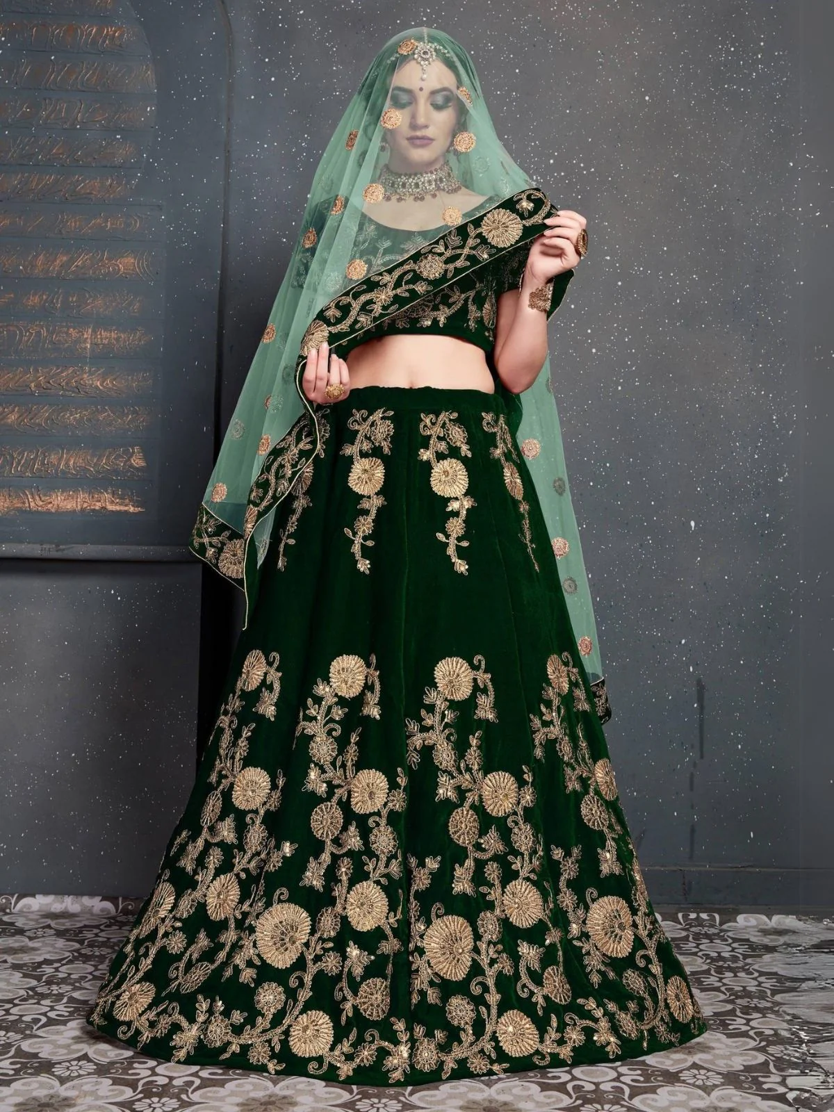 Odette Dark Green Velvet Embroidered Semi Stitched Lehenga With Blouse For Women - Image 2