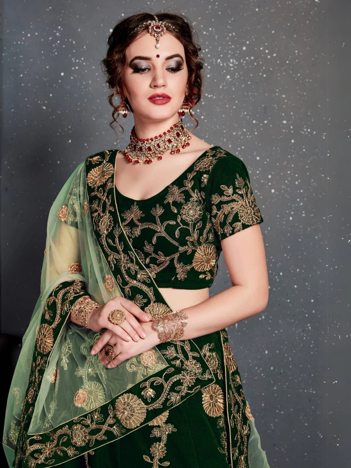 Odette Dark Green Velvet Embroidered Semi Stitched Lehenga With Blouse For Women - Image 5