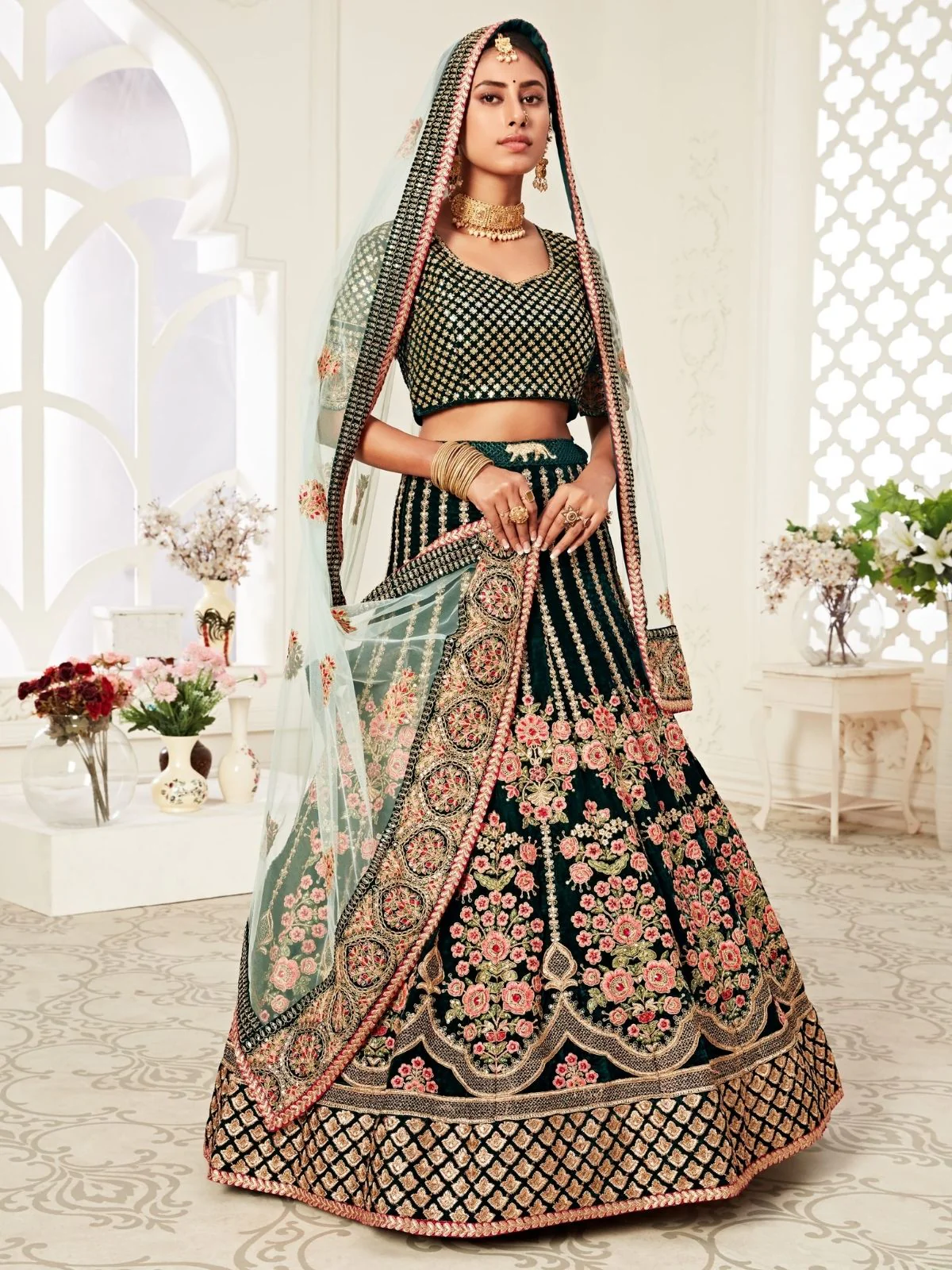 Odette Green Velvet Embroidered Semi Stitched Lehenga With Unstitched Blouse For Women - Image 2