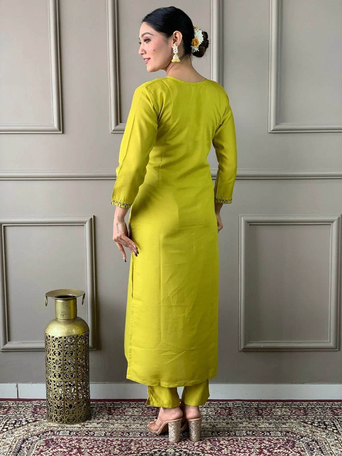 Odette Green Viscose chanderi Embroidered Stitched Kurta Set For Women - Image 6