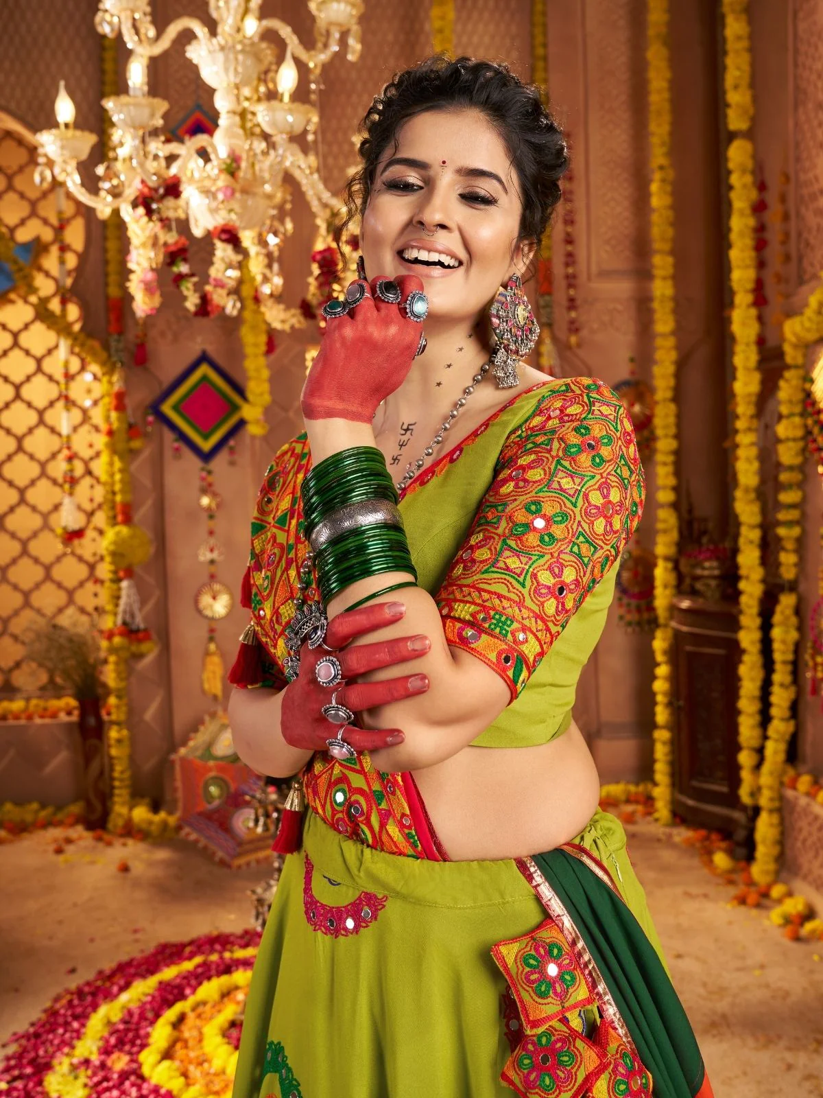 Odette Green Viscose Cotton Embroidered Semi-Stitched lehenga With Stunning Tassels For Women - Image 4