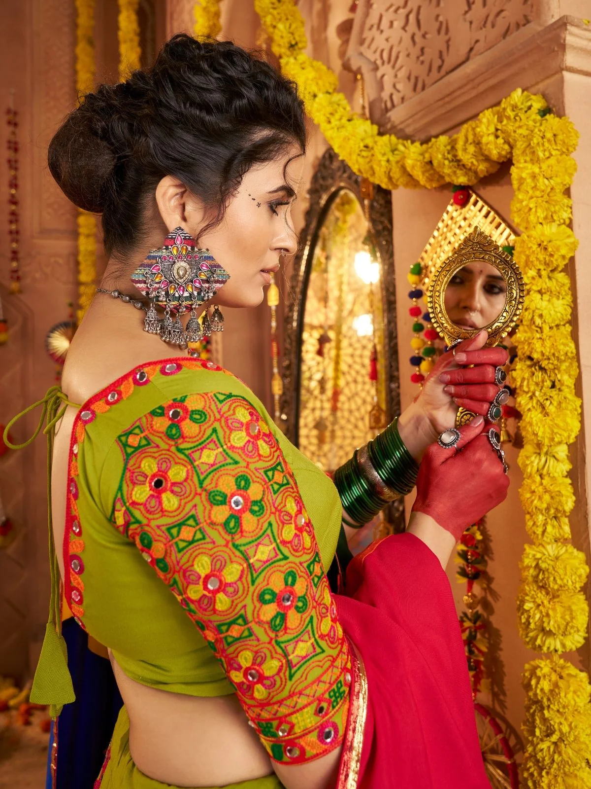 Odette Green Viscose Cotton Embroidered Semi-Stitched lehenga With Stunning Tassels For Women - Image 6