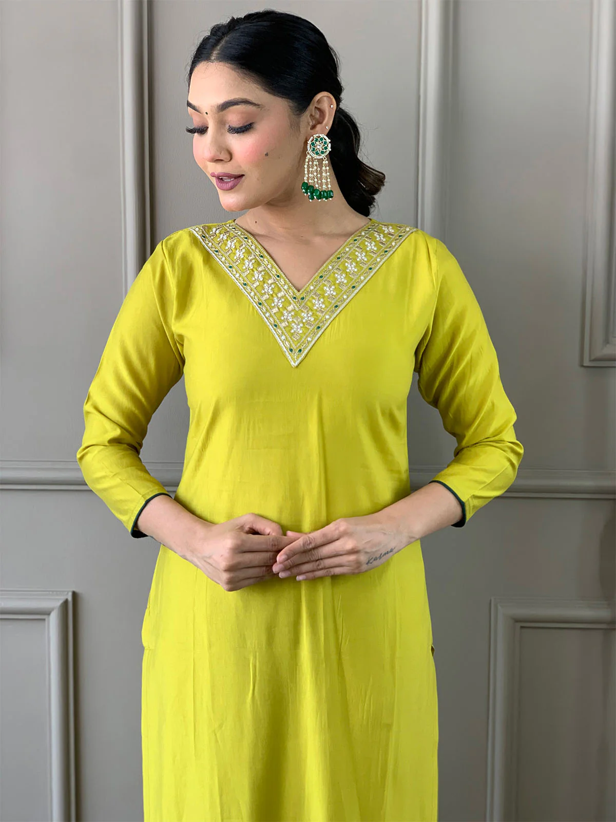 Odette Green Viscose Embroidered Stitched Kurta Set For Women - Image 4