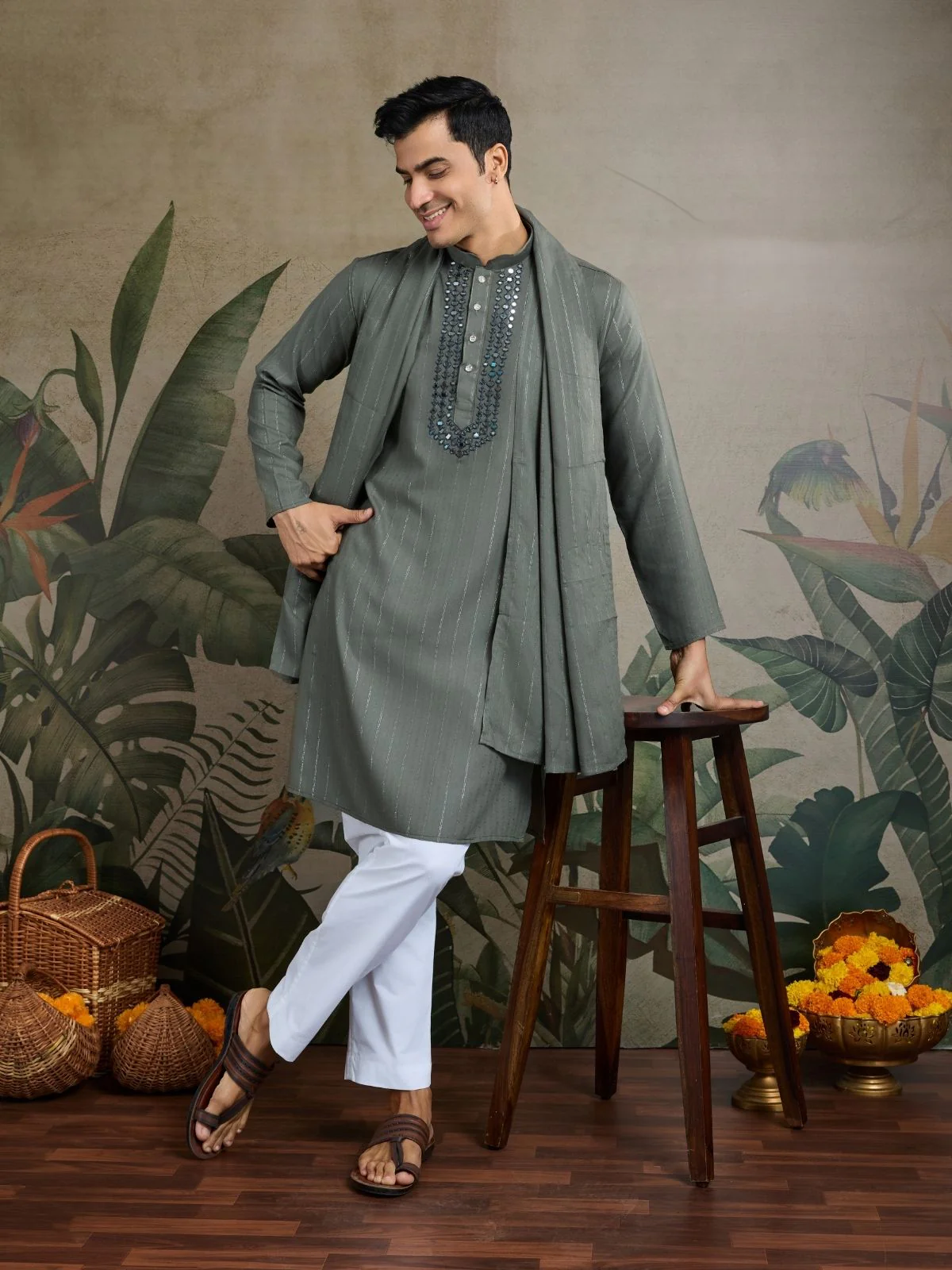 Odette Green Viscose Rayon Embellished Stitched Kurta For Men - Image 2