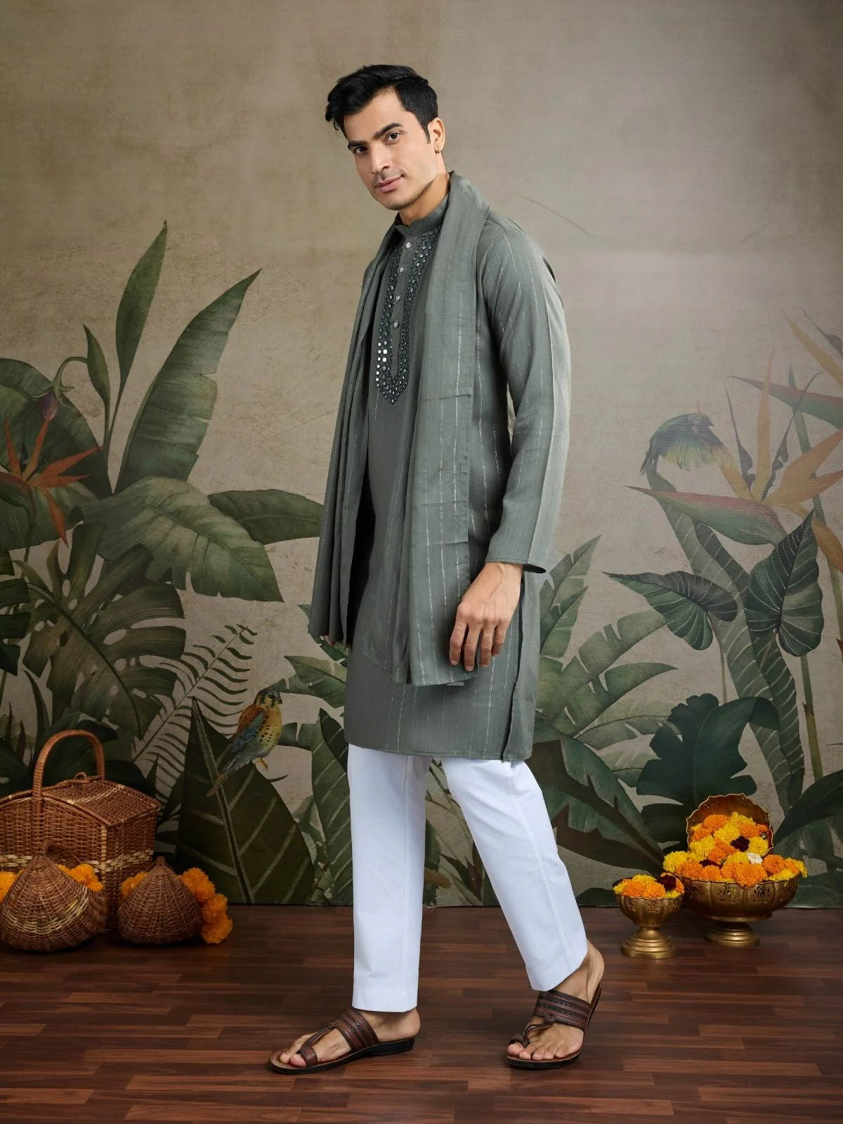 Odette Green Viscose Rayon Embellished Stitched Kurta For Men - Image 3