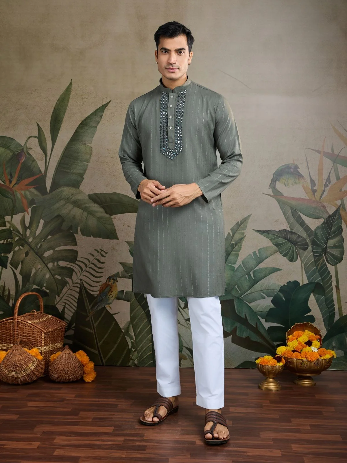 Odette Green Viscose Rayon Embellished Stitched Kurta For Men - Image 4