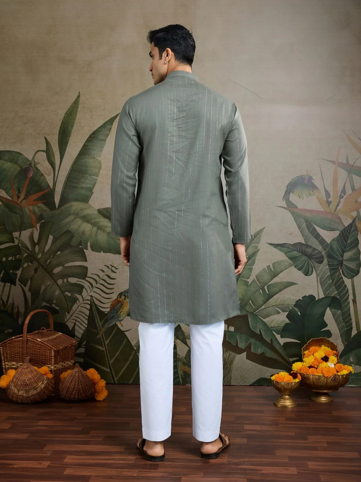 Odette Green Viscose Rayon Embellished Stitched Kurta For Men - Image 5