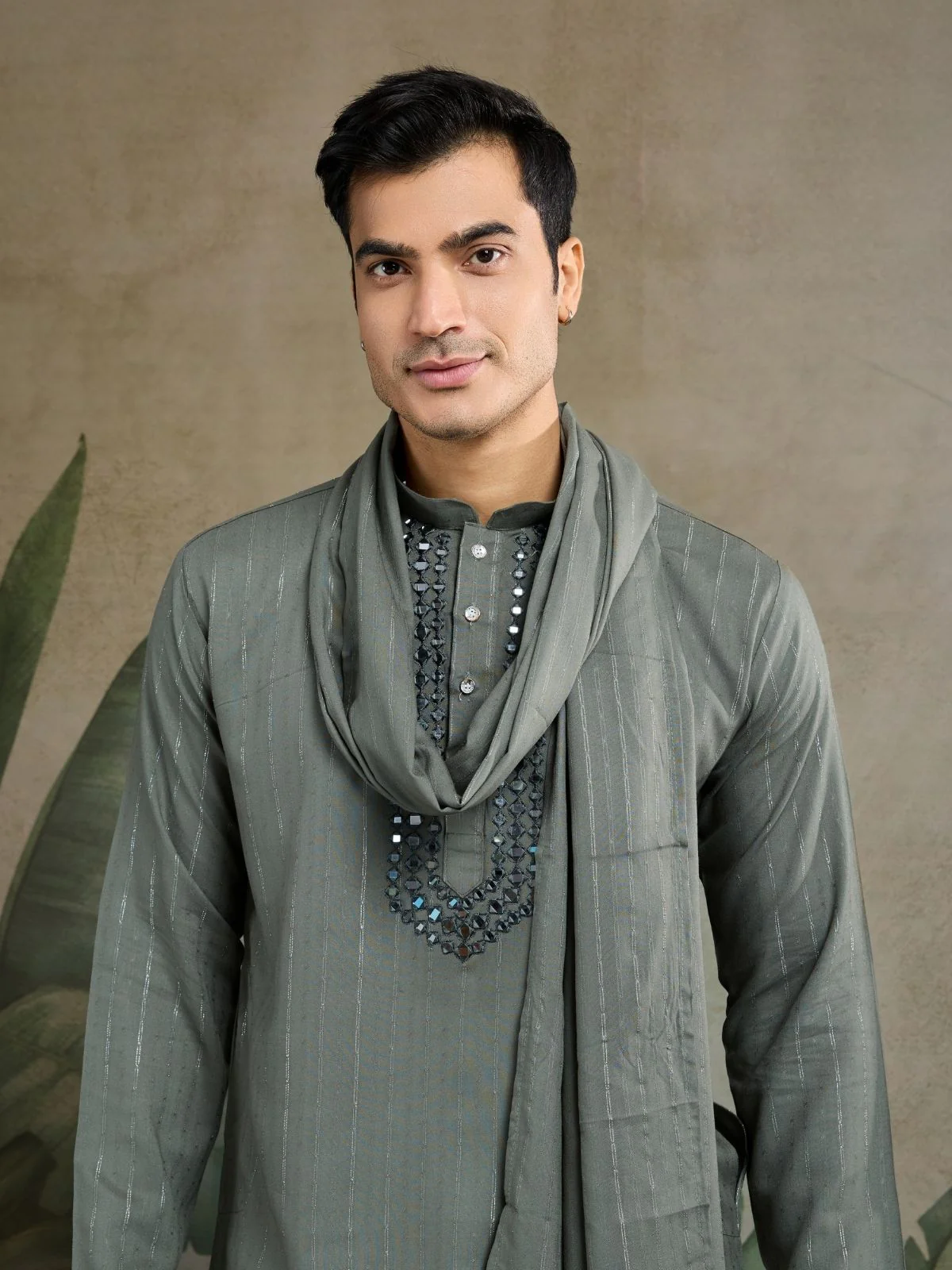 Odette Green Viscose Rayon Embellished Stitched Kurta For Men - Image 6