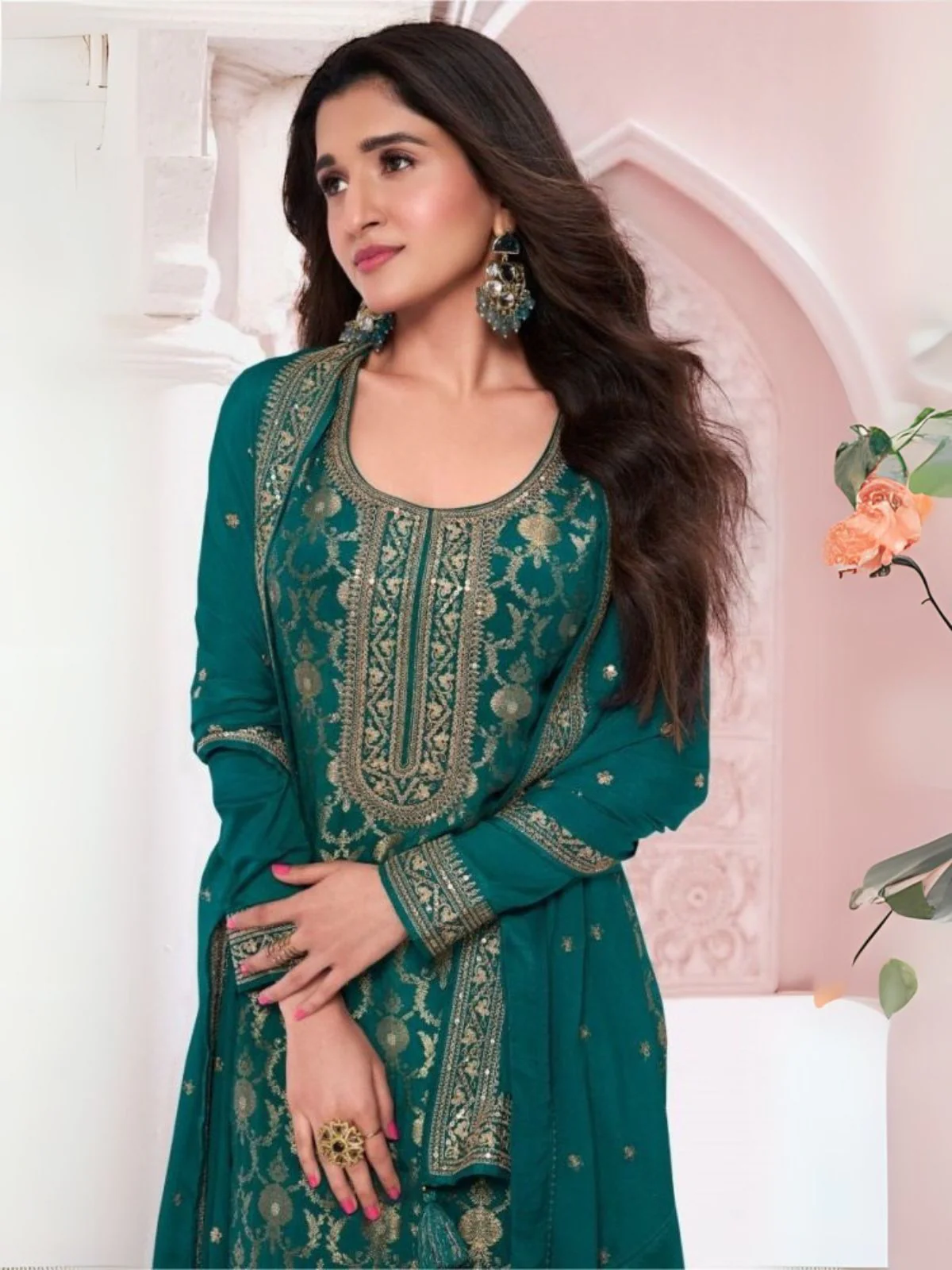 Odette Green Viscose Rayon Embroidered Semi-Stitched Kurta Set For Women - Image 2