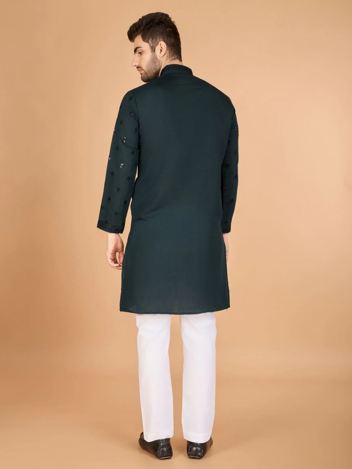 Odette Green Viscose Silk Embellished Stitched Kurta For Men - Image 4