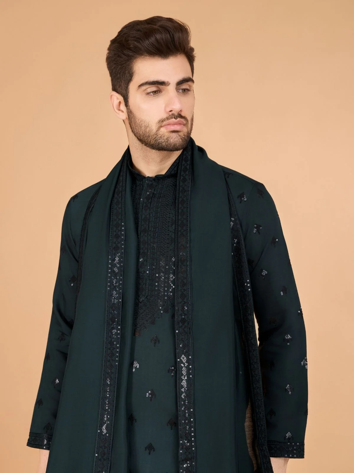 Odette Green Viscose Silk Embellished Stitched Kurta For Men - Image 5