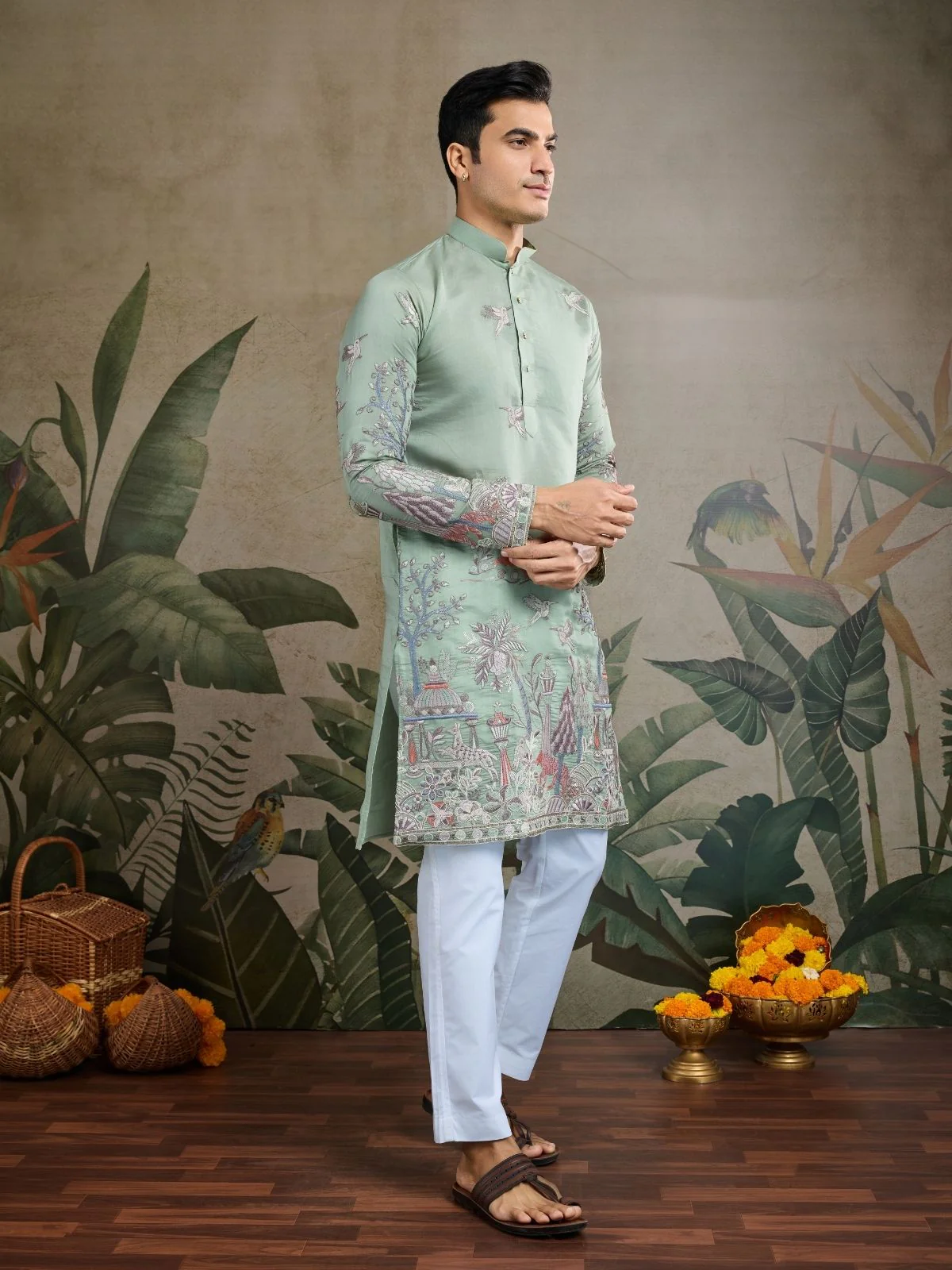 Odette Green Viscose Silk Embroidered Stitched Kurta For Men - Image 3