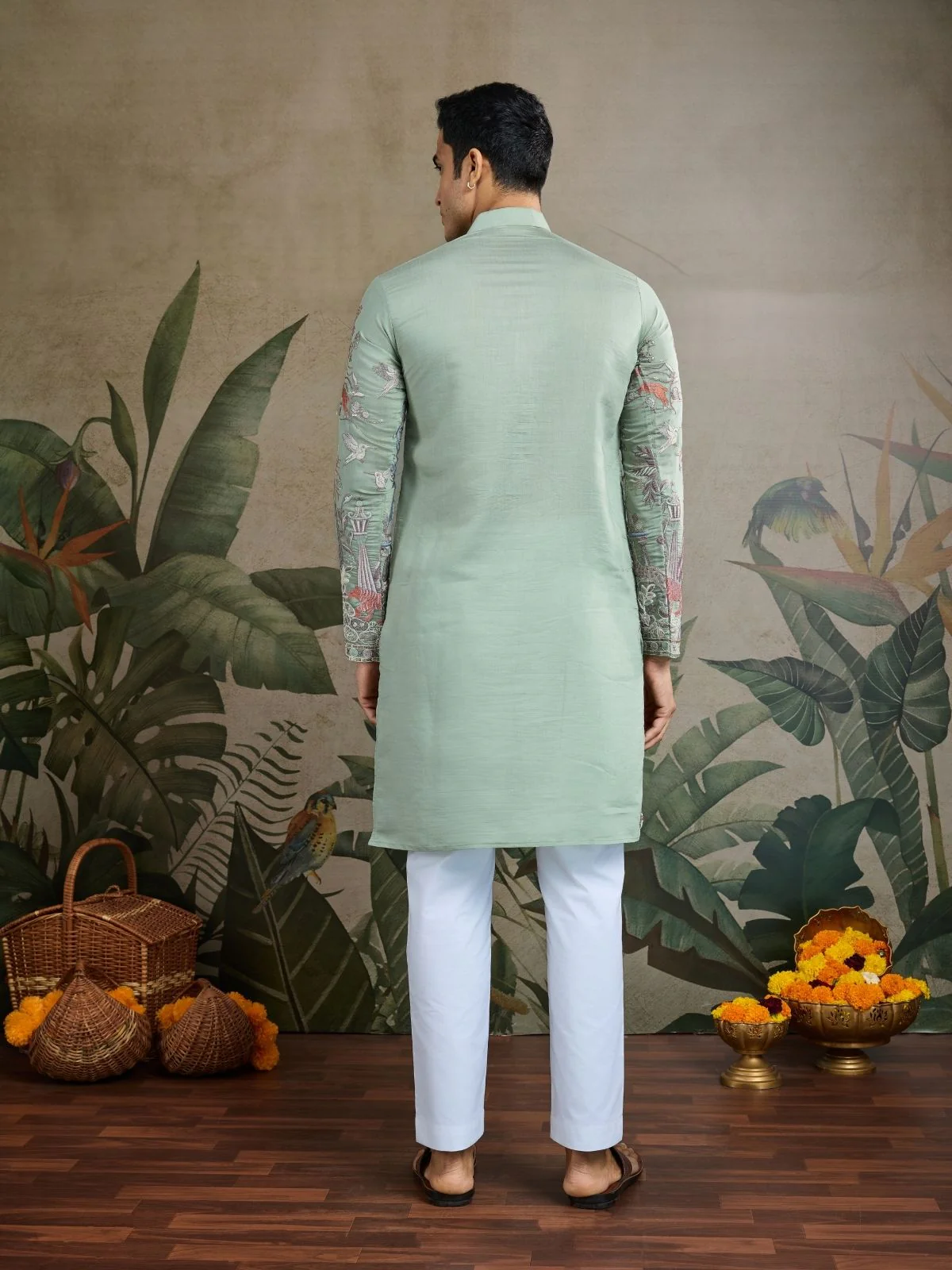 Odette Green Viscose Silk Embroidered Stitched Kurta For Men - Image 4