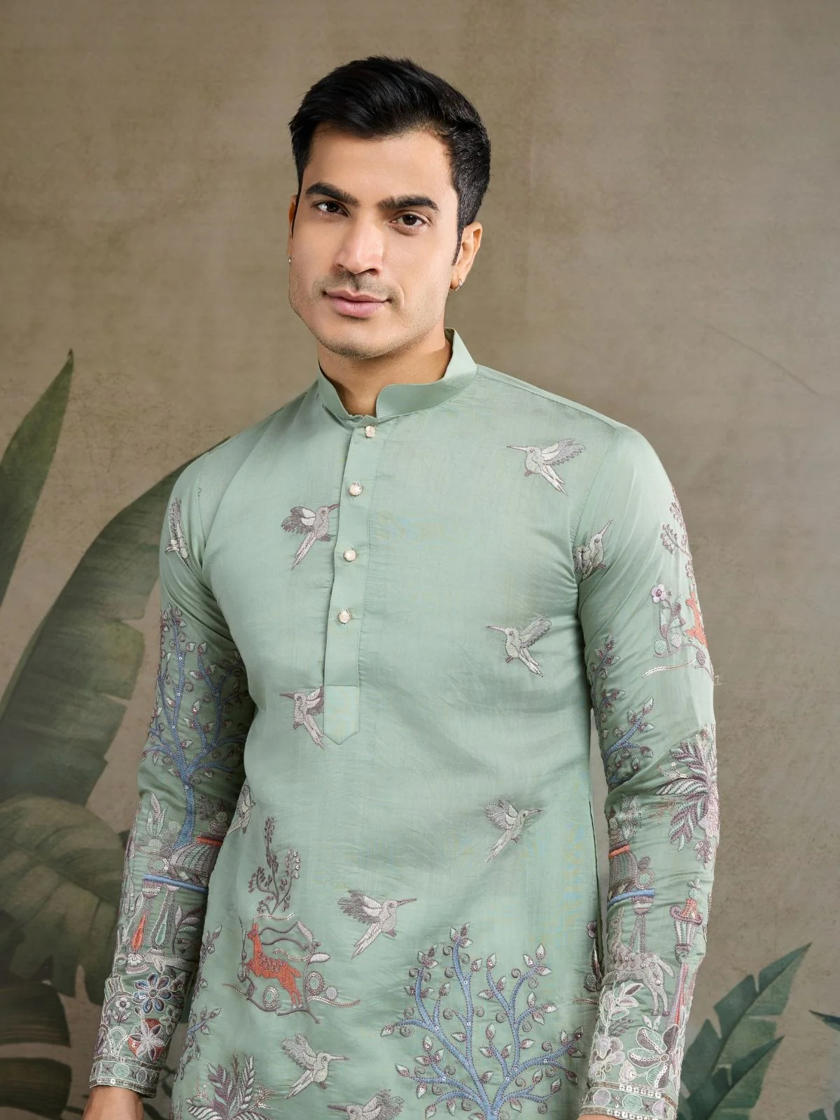 Odette Green Viscose Silk Embroidered Stitched Kurta For Men - Image 5