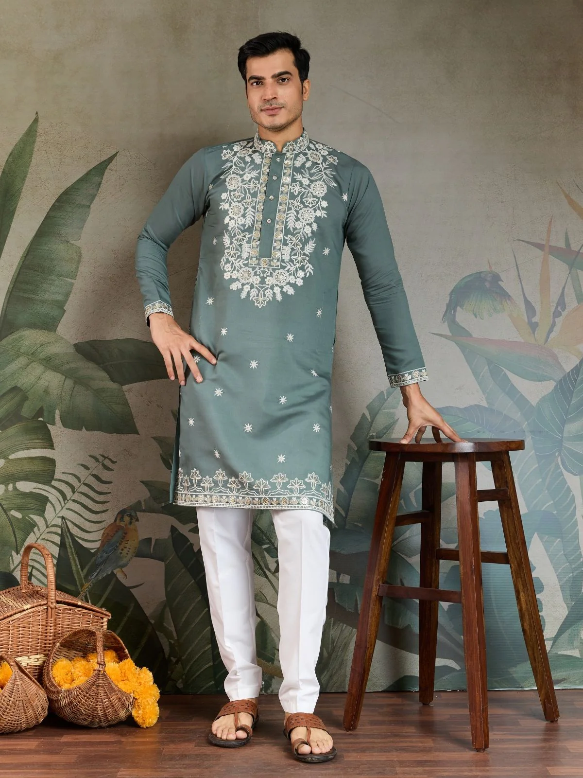 Odette Green Viscose Silk Embroidered Stitched Kurta For Men - Image 2