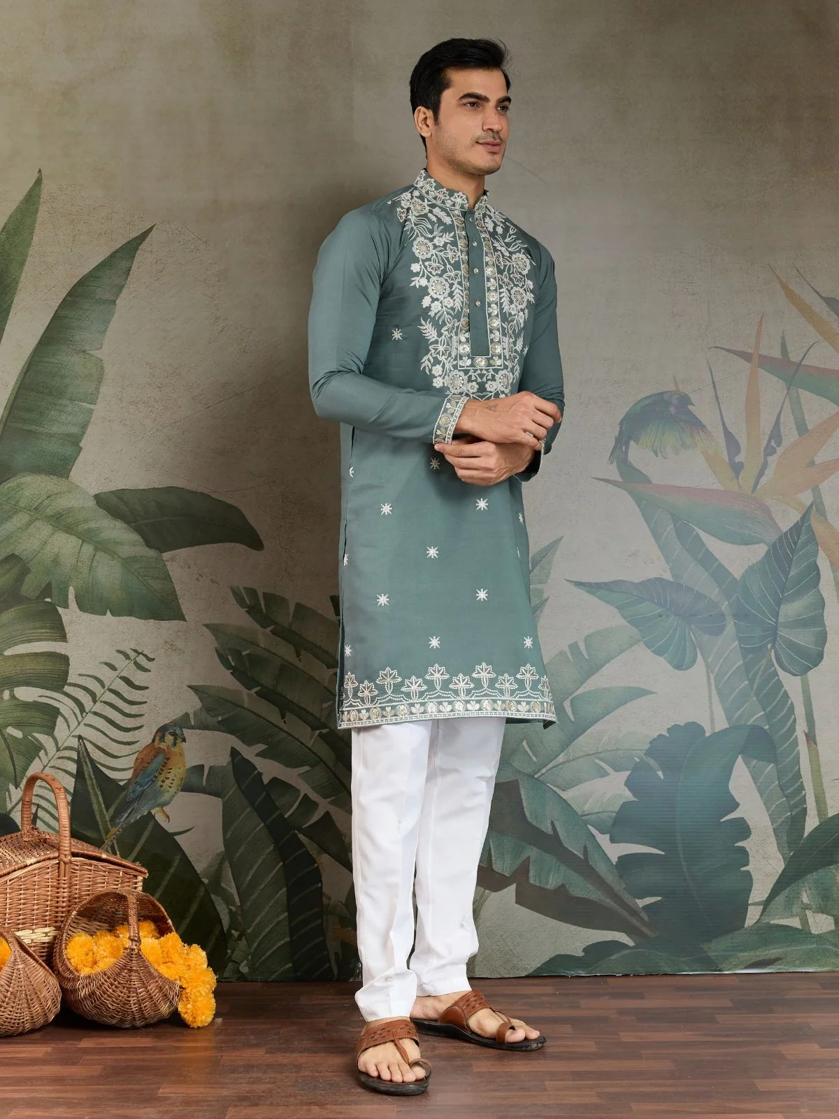 Odette Green Viscose Silk Embroidered Stitched Kurta For Men - Image 4
