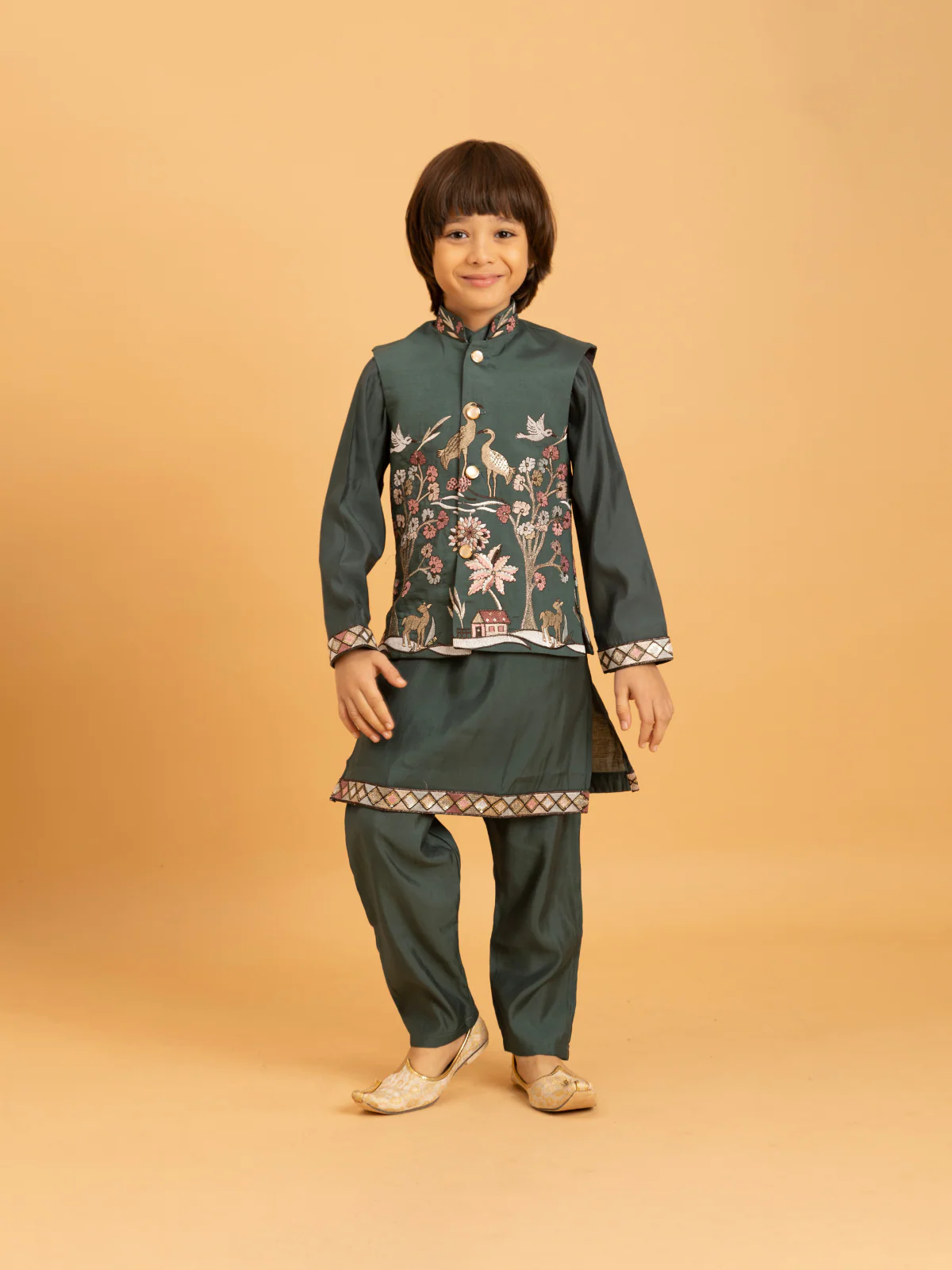 Odette Green Viscose Silk Embroidered Stitched Kurta Set For Kids - Image 2
