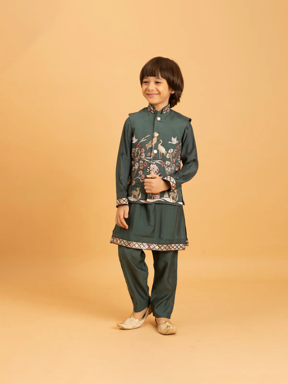 Odette Green Viscose Silk Embroidered Stitched Kurta Set For Kids - Image 3