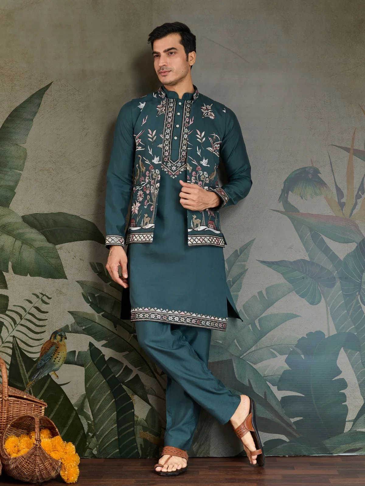 Odette Green Viscose Silk Embroidered Stitched Kurta Set For Men - Image 2