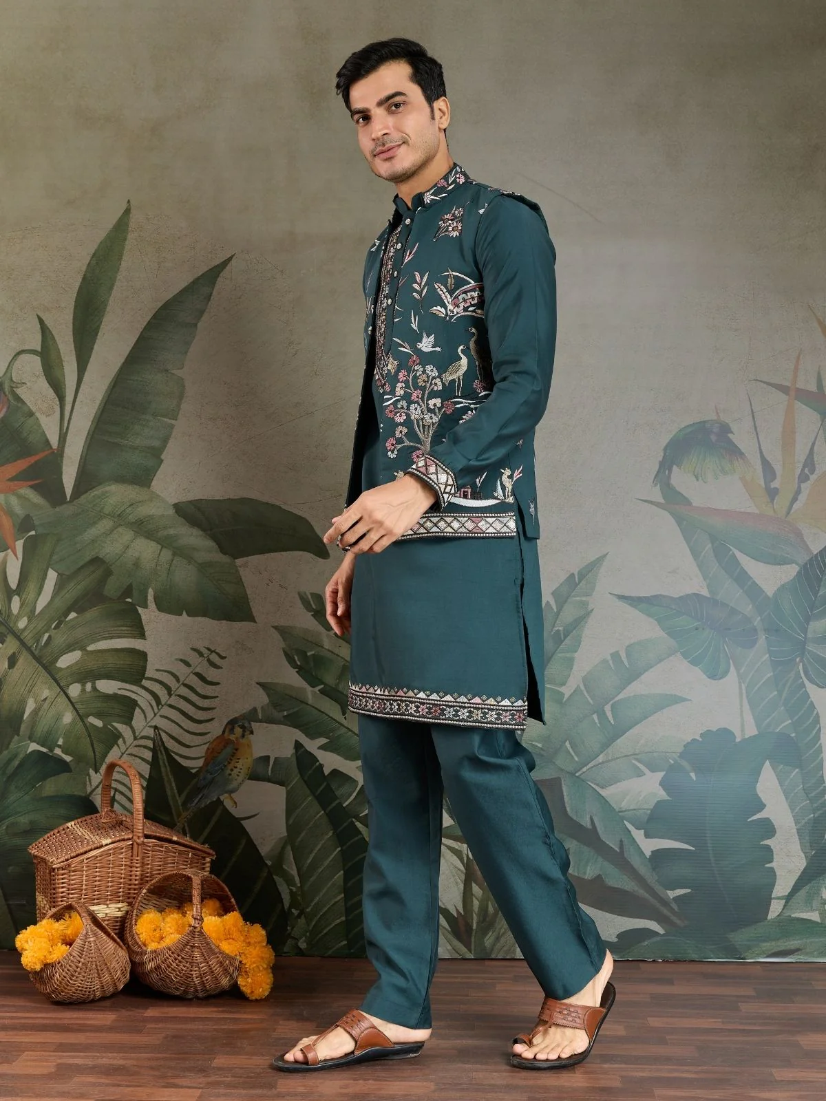 Odette Green Viscose Silk Embroidered Stitched Kurta Set For Men - Image 3