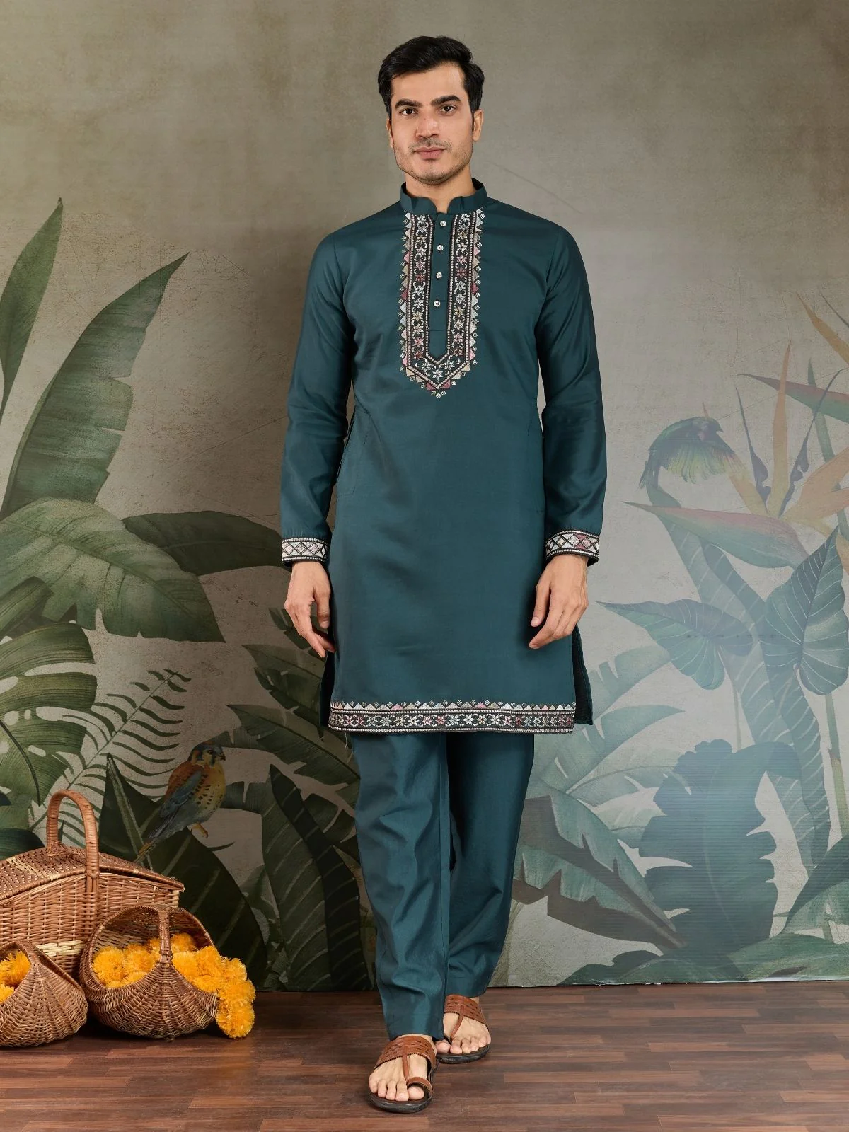 Odette Green Viscose Silk Embroidered Stitched Kurta Set For Men - Image 4
