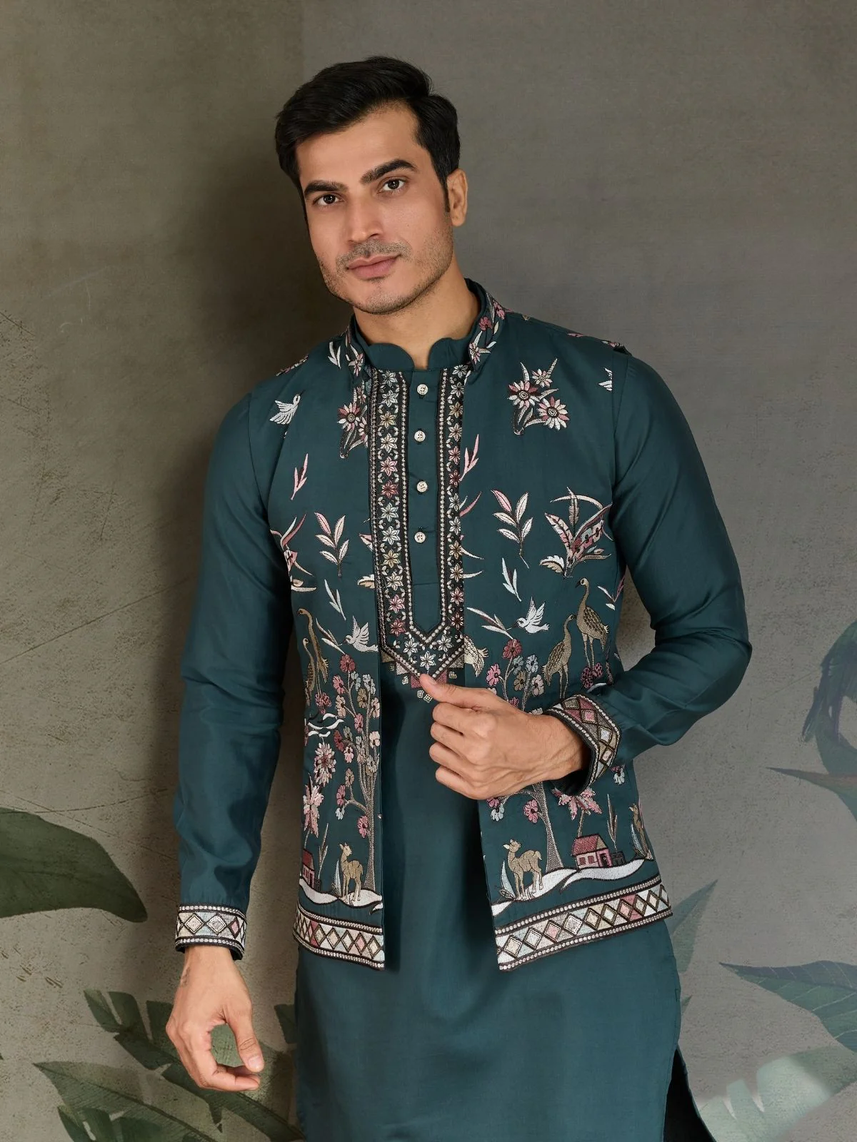 Odette Green Viscose Silk Embroidered Stitched Kurta Set For Men - Image 7