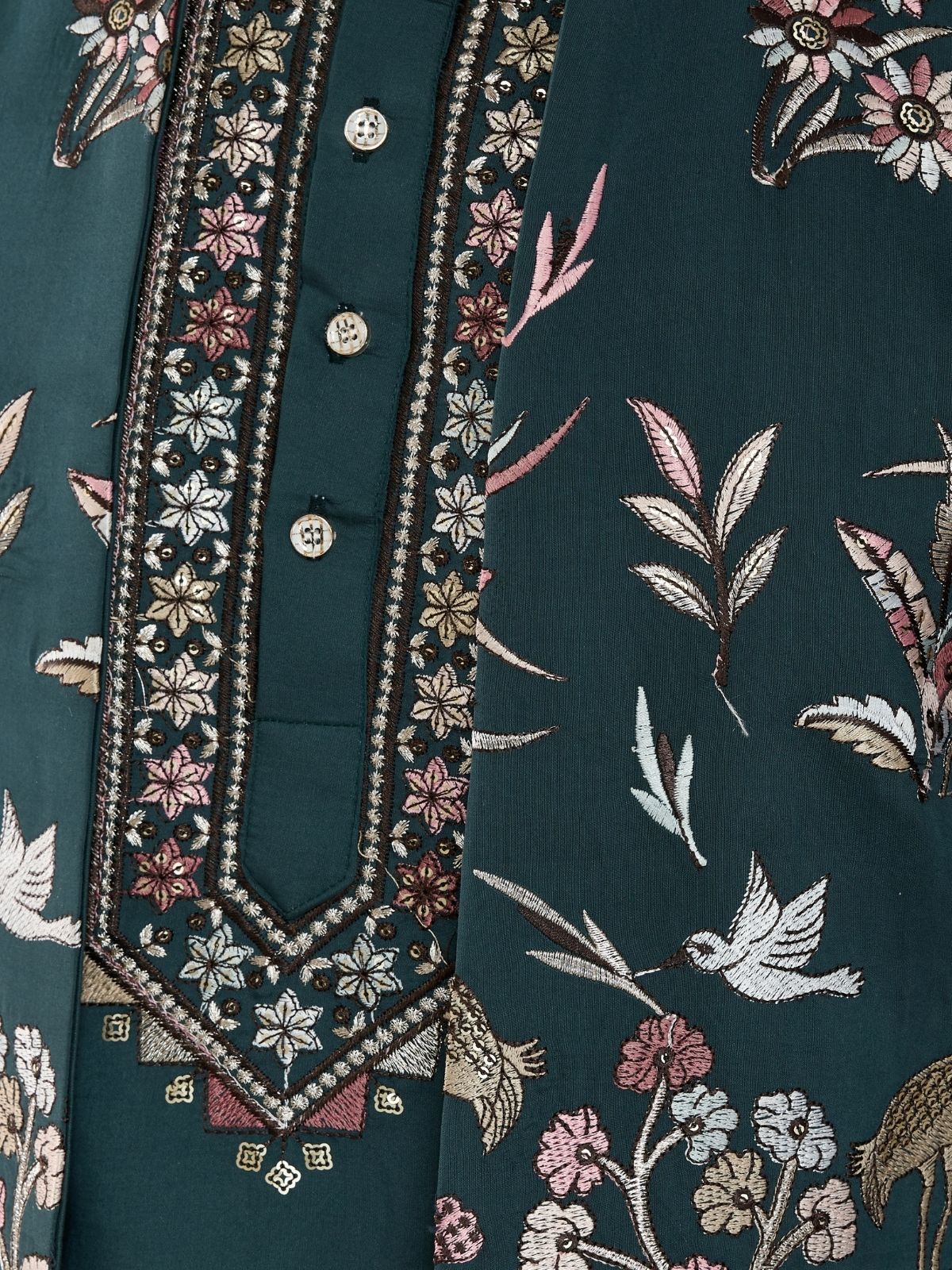 Odette Green Viscose Silk Embroidered Stitched Kurta Set For Men - Image 8