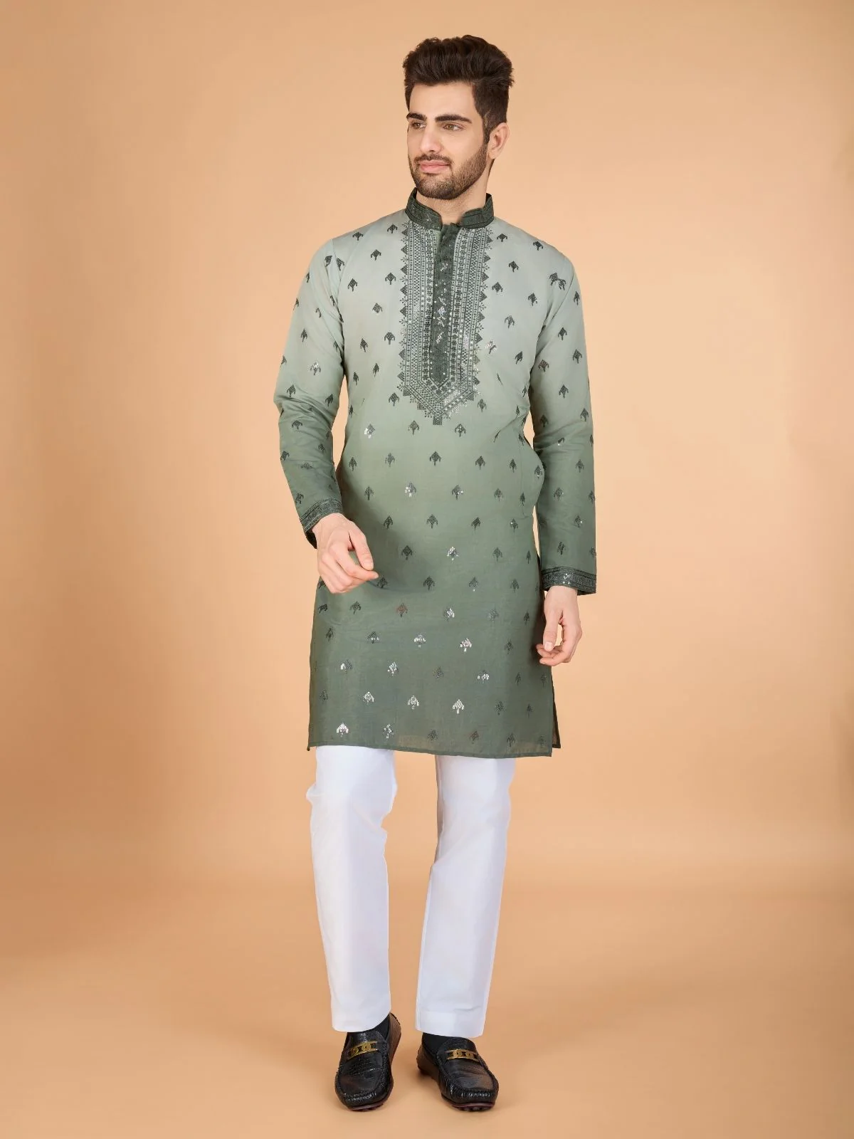 Odette Green Viscose Silk Sequins Stitched Kurta For Men - Image 2