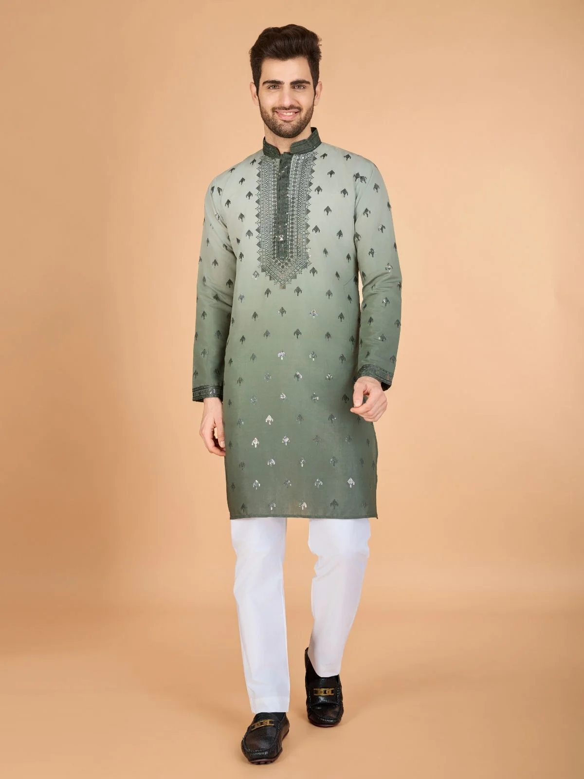 Odette Green Viscose Silk Sequins Stitched Kurta For Men - Image 3