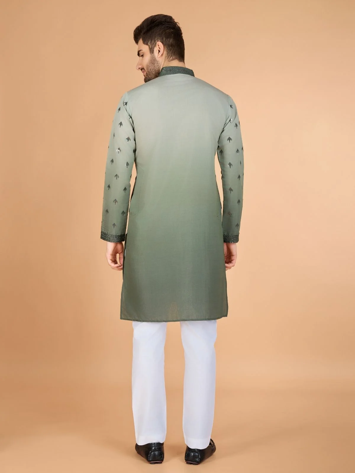 Odette Green Viscose Silk Sequins Stitched Kurta For Men - Image 4