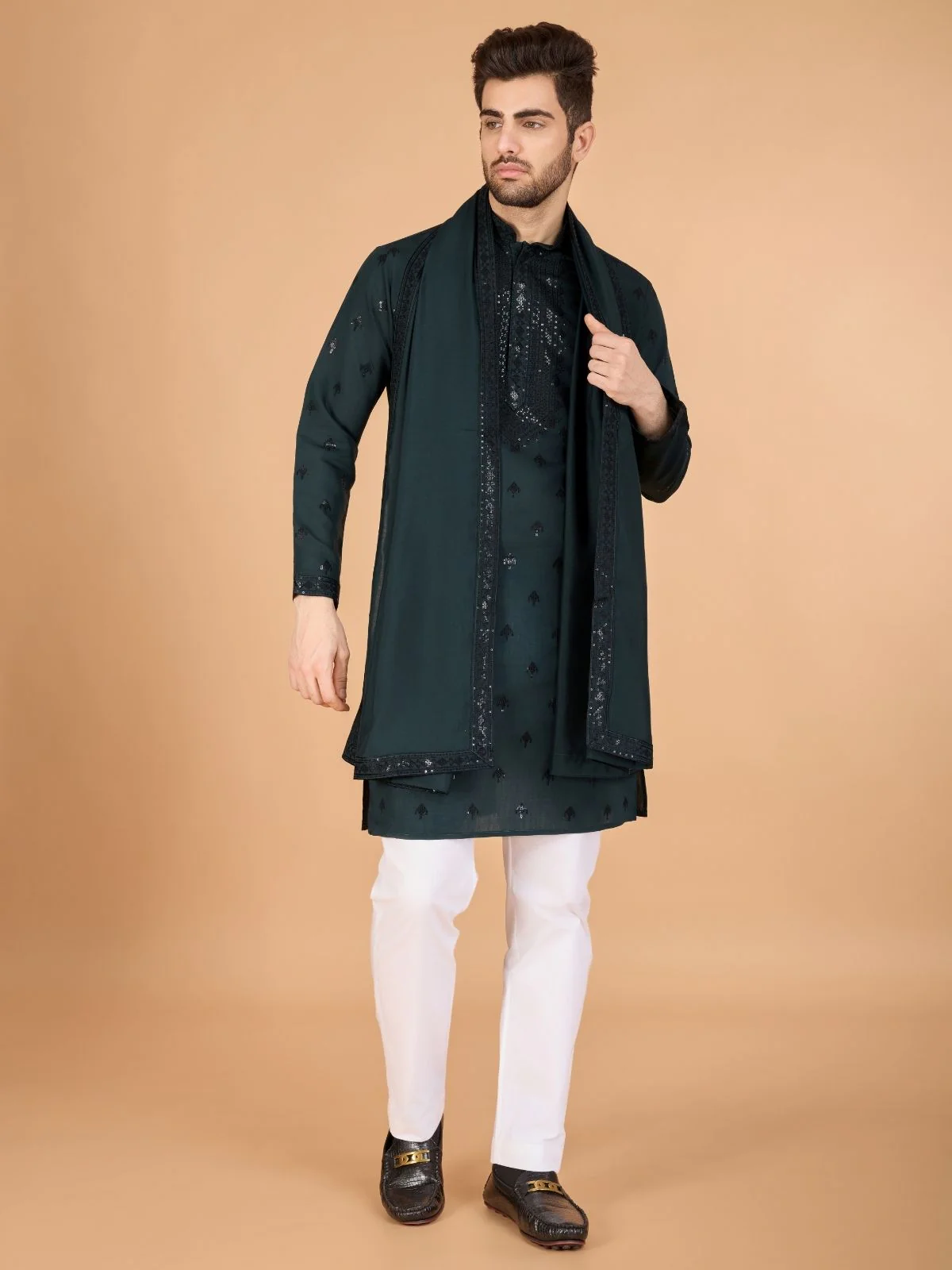 Odette Green Viscose Silk Sequence Stitched Kurta For Men - Image 3