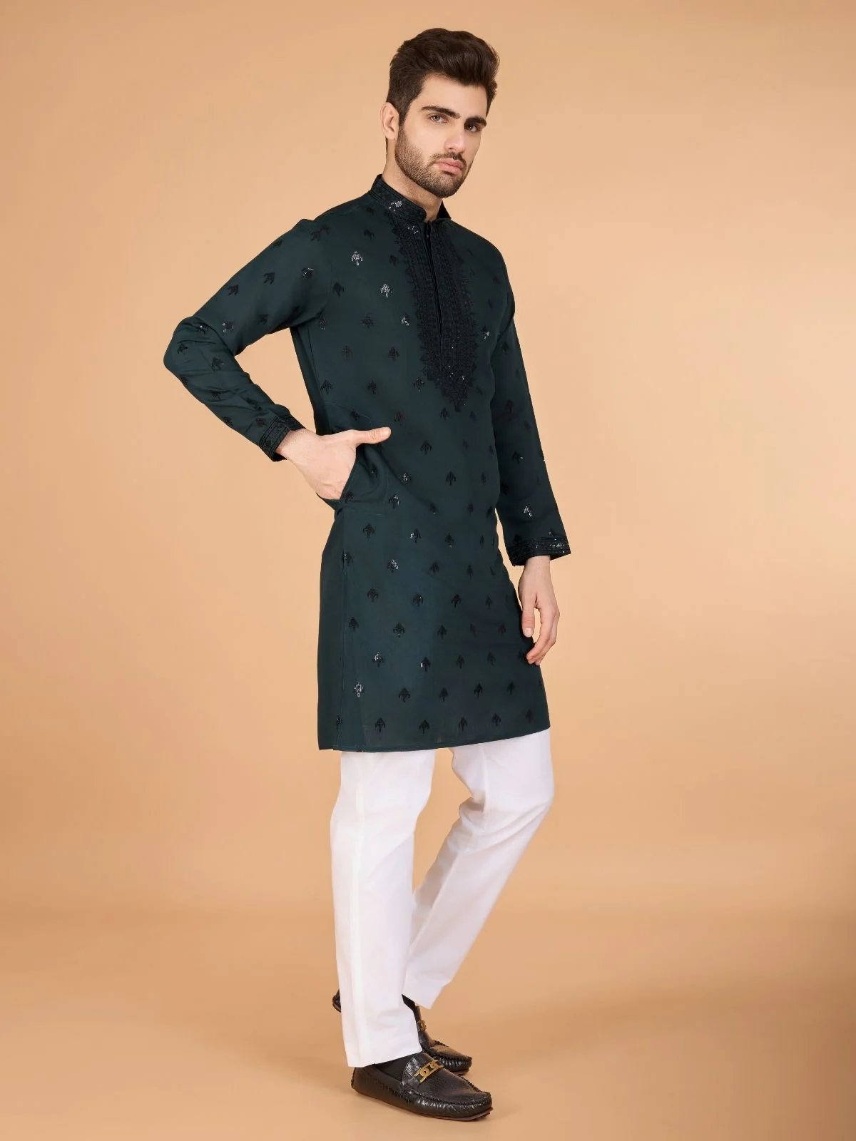 Odette Green Viscose Silk Sequence Stitched Kurta For Men - Image 4