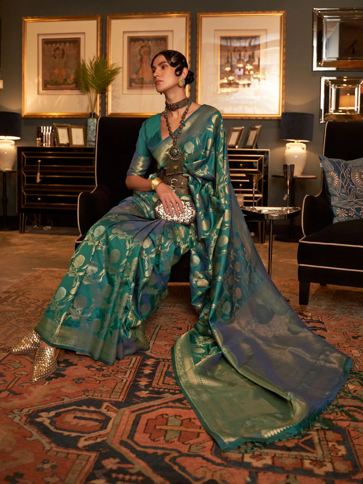 Odette Green Woven Design Silk Blend Saree With Unstitched Blouse For Women - Image 2