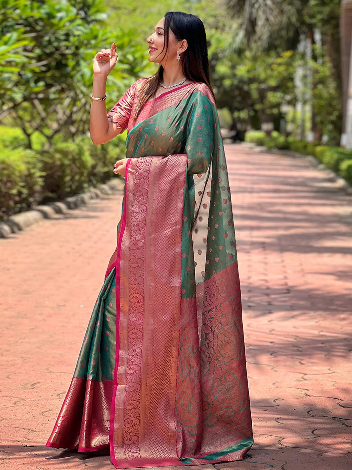 Odette Green Woven Design Tissue Silk Saree With Unstitched Blouse For Women - Image 2