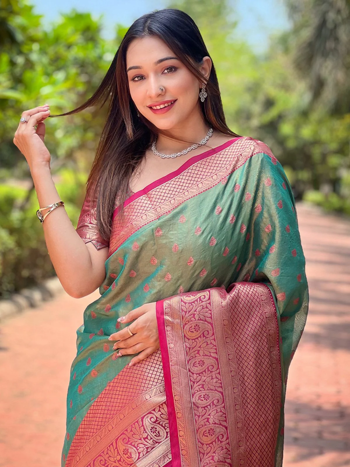 Odette Green Woven Design Tissue Silk Saree With Unstitched Blouse For Women - Image 3