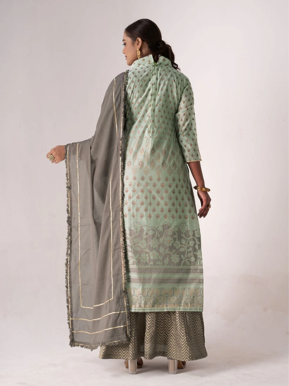 Odette Grey And green Art Silk Printed And Embroidered Semi-Stitched Kurta Set For Women - Image 3