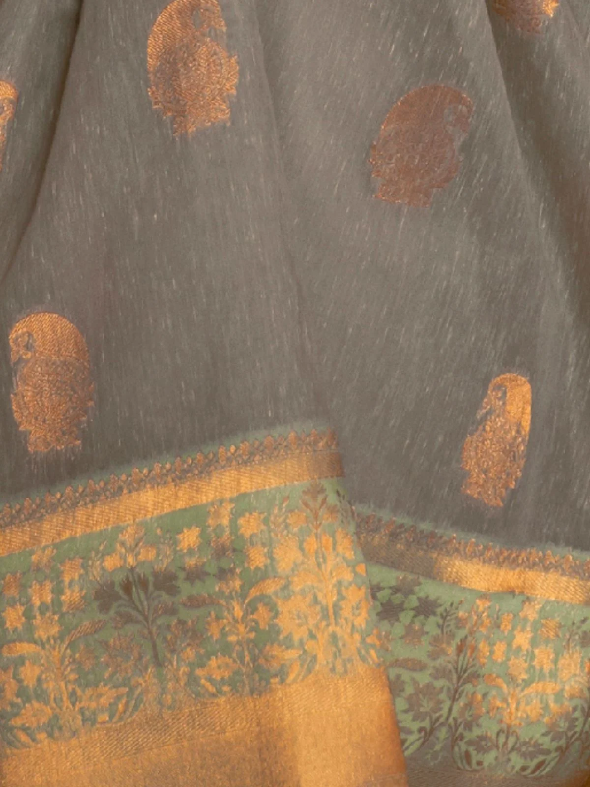 Odette Grey And Sea Green Woven Design Linen Saree With Unstitched Blouse For Women - Image 4