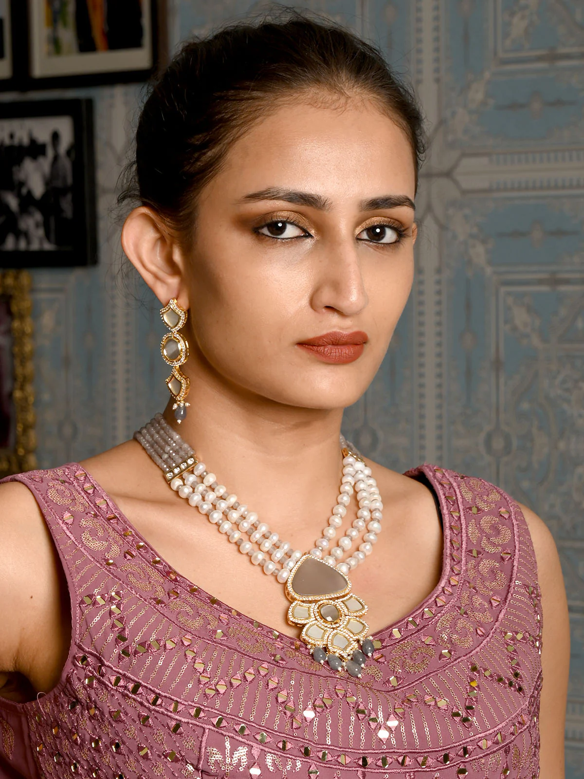 Odette Grey And White Faux Pearl Long Neckpiece Set For Women - Image 2