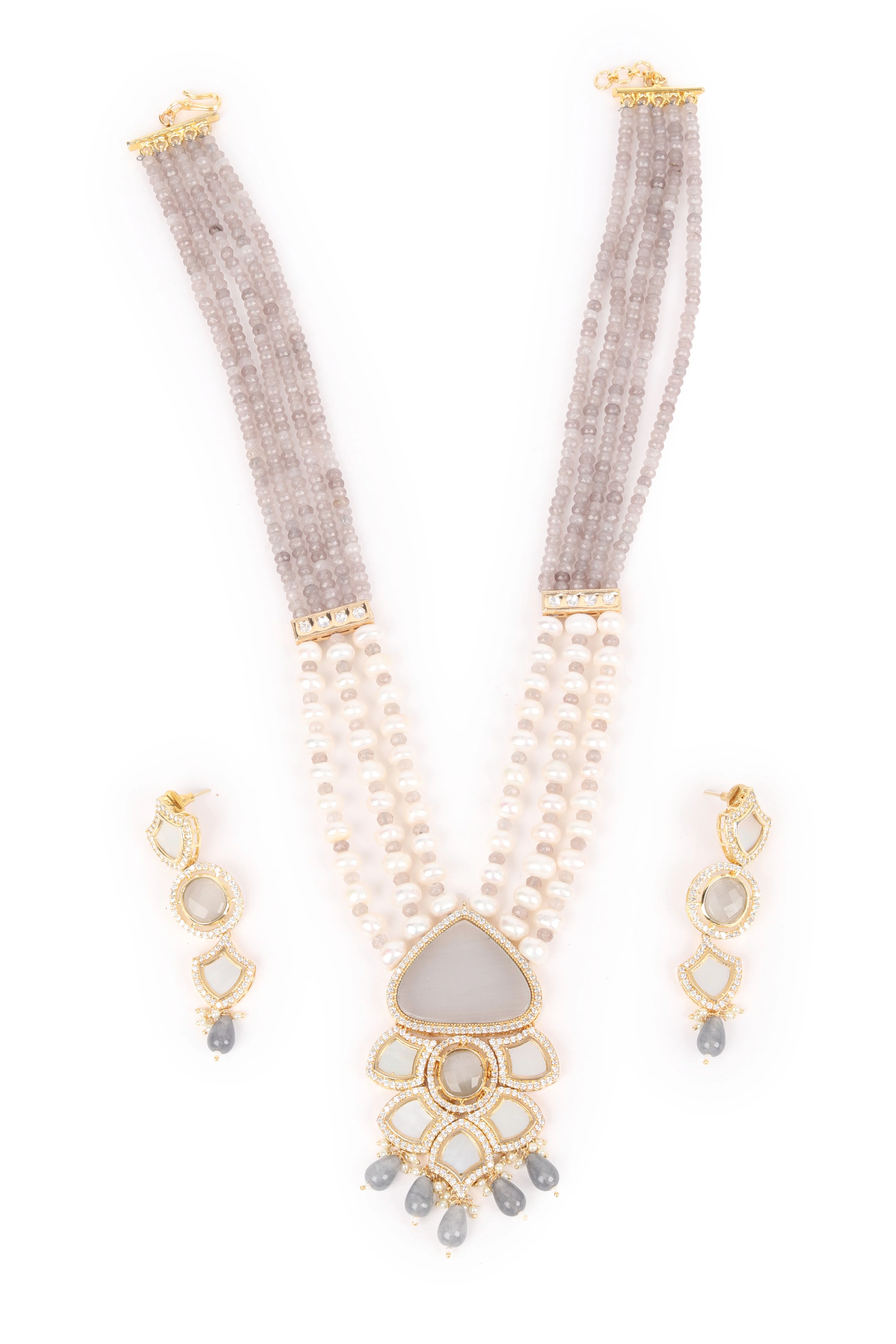 Odette Grey And White Faux Pearl Long Neckpiece Set For Women - Image 3