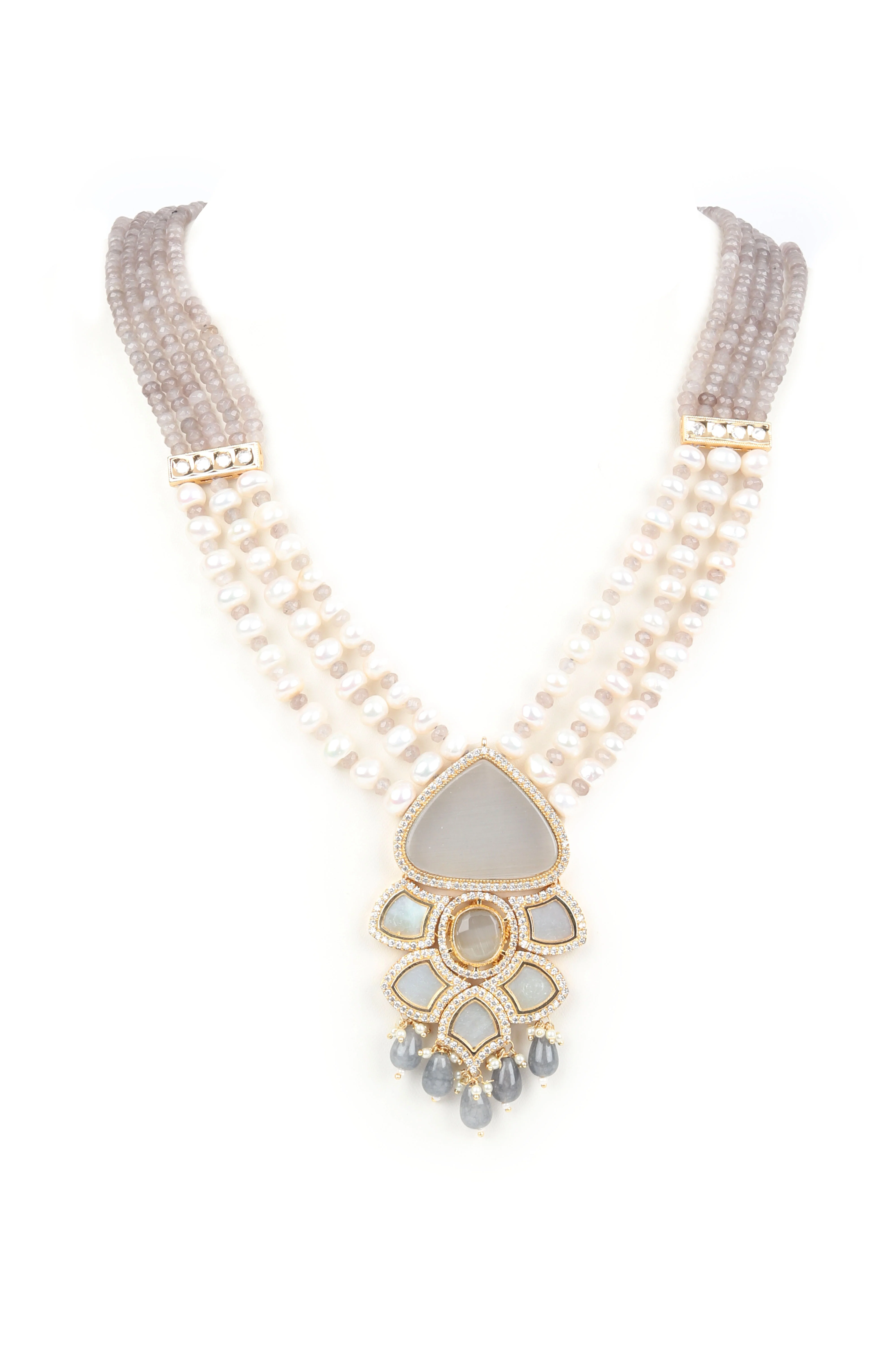 Odette Grey And White Faux Pearl Long Neckpiece Set For Women - Image 4