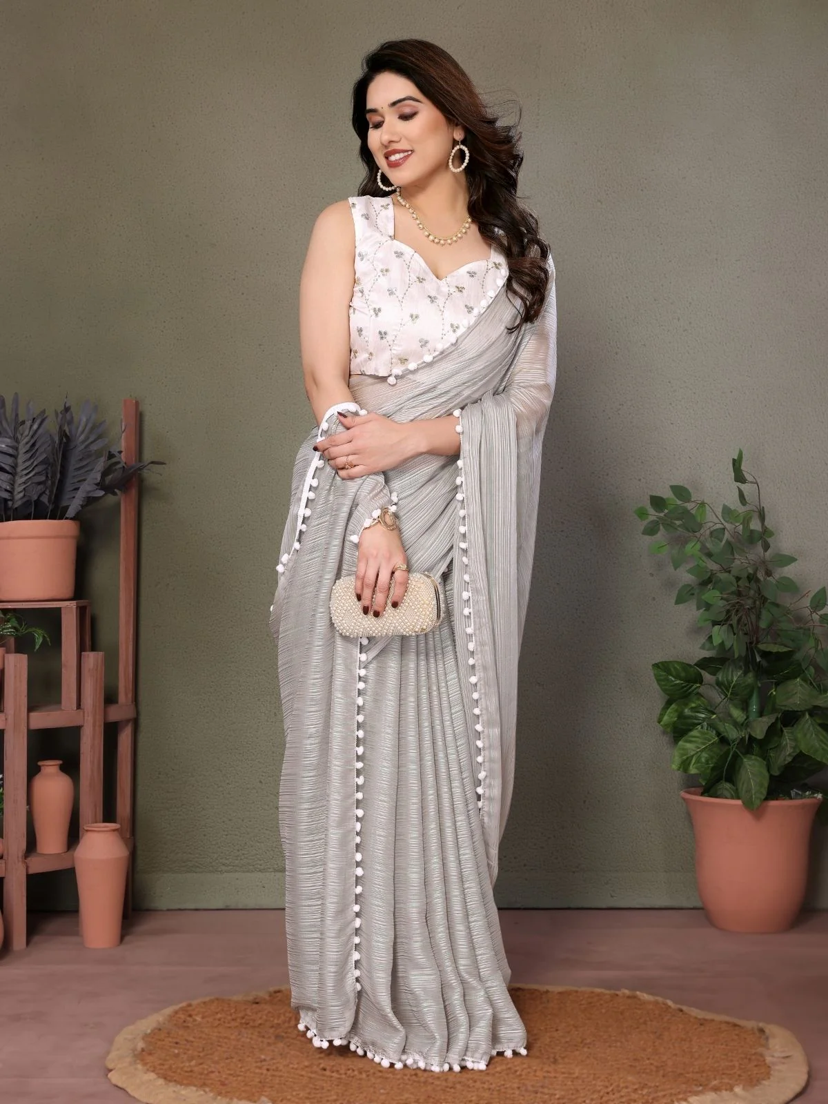 Odette Grey Banglori Lace Work Saree With Unstitched Blouse For Women - Image 2