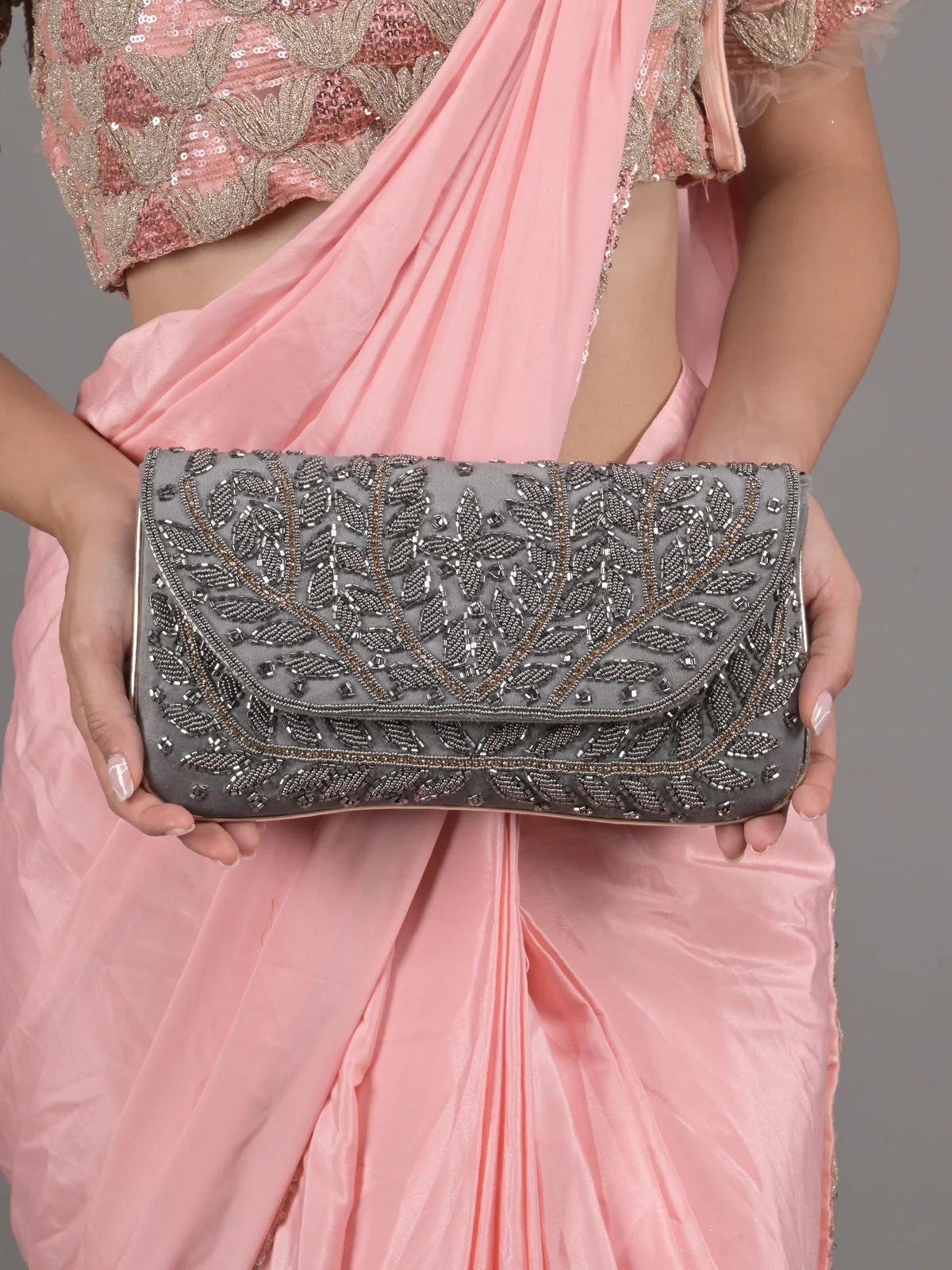 Odette Grey Beads Embroidered Clutch for Women - Image 2
