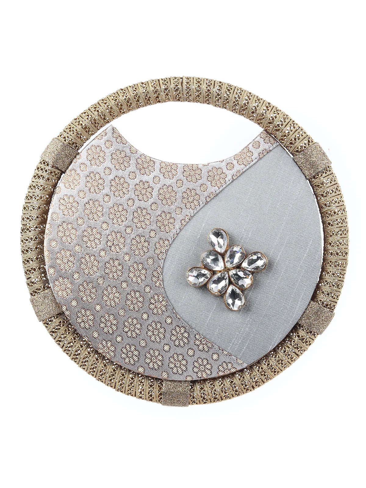 Odette Grey Chanderi Embellished Moon Bag For Women - Image 3