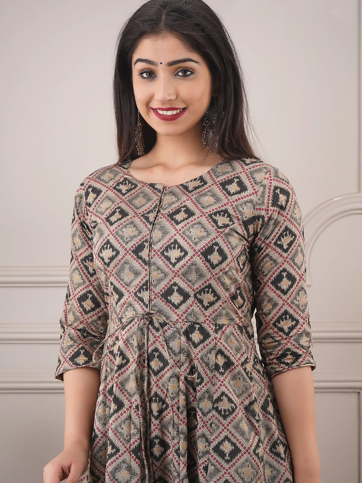 Odette Grey Chanderi Printed Stitched Gown for Women - Image 4